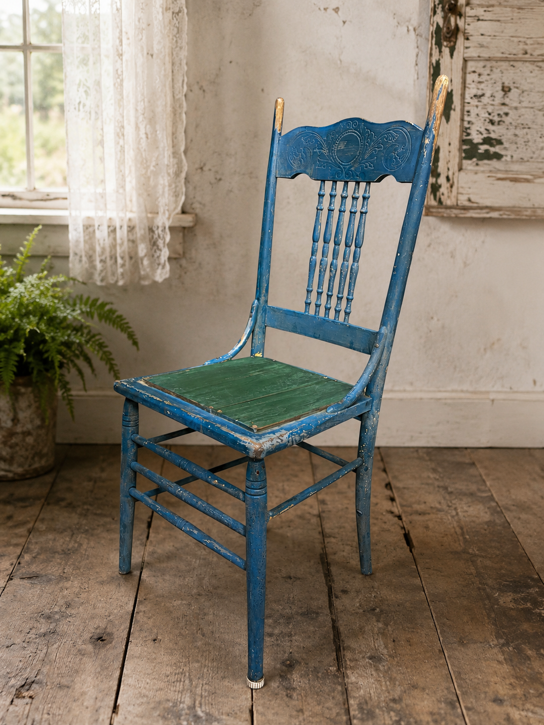 Antique Painted Side Chair with Metal Spindles & Folk Repair, c. 1900