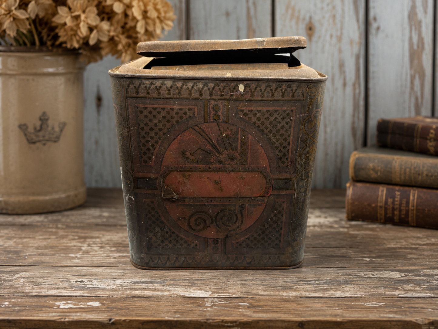 Antique Lithographed Tin Canister with Classical Figures, c. 1900–1920