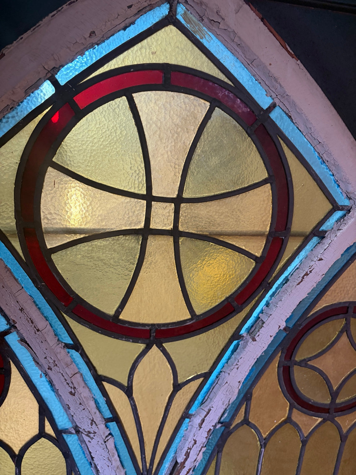 19th Century Gothic Church Stained Glass Window (c.1850–1880) – Double Lancet with Rose Motifs – 64” x 54”