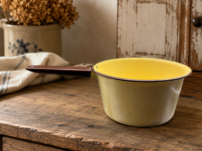 Vintage Yellow Enamelware Saucepan with Brown Handle c. 1950 to 1970