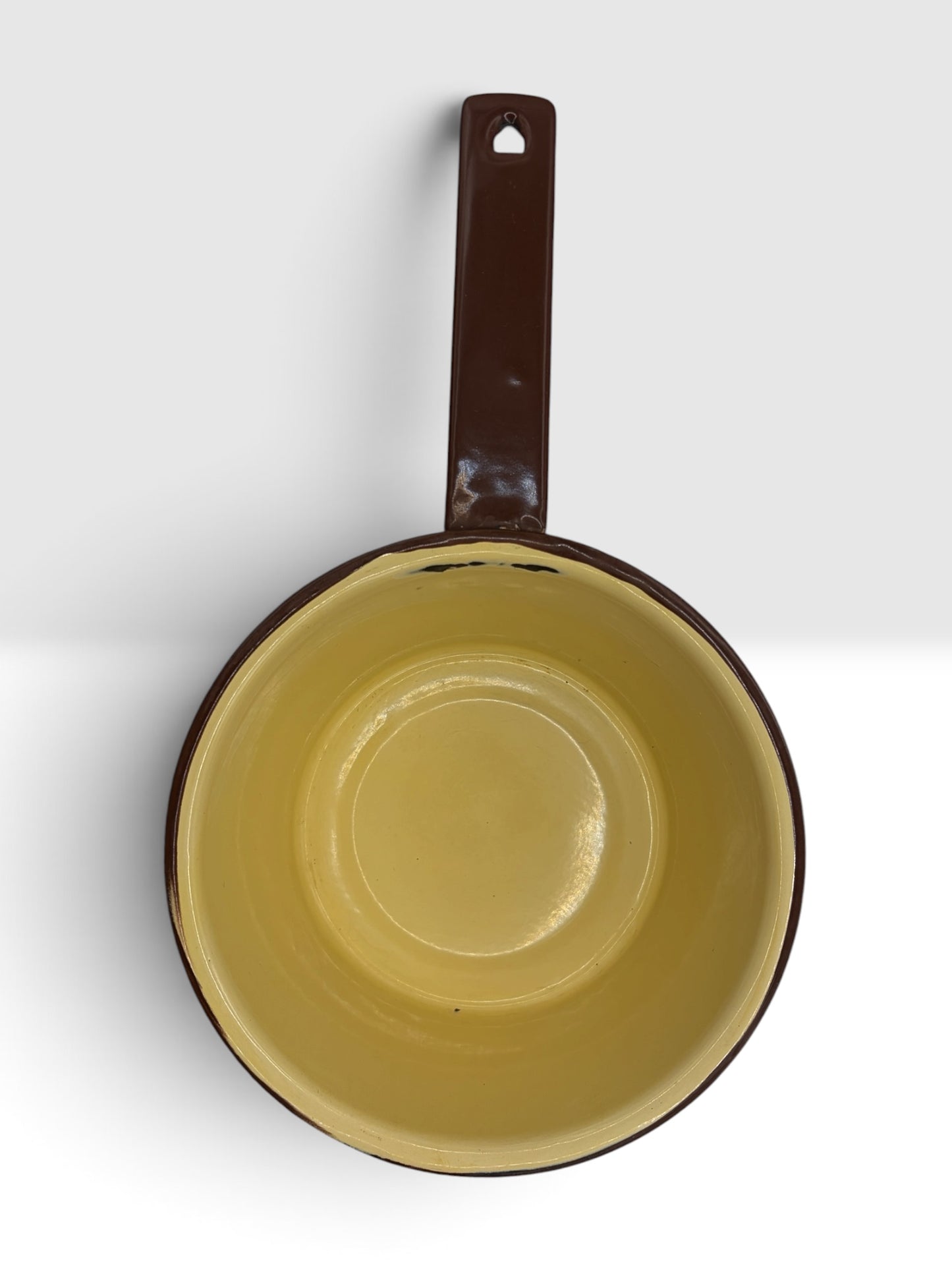 Vintage Yellow Enamelware Saucepan with Brown Handle c. 1950 to 1970