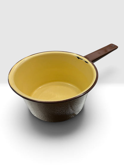 Vintage Yellow Enamelware Saucepan with Brown Handle c. 1950 to 1970