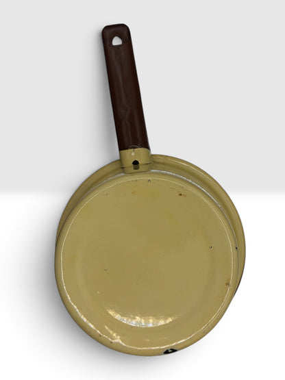 Vintage Yellow Enamelware Saucepan with Brown Handle c. 1950 to 1970
