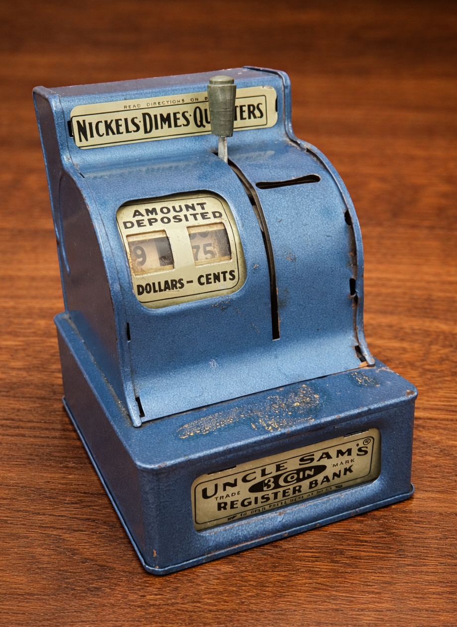 Vintage 1940s “Uncle Sam’s 3 Coin Register Bank” – Durable Toy & Novelty Co. Mechanical Coin Bank