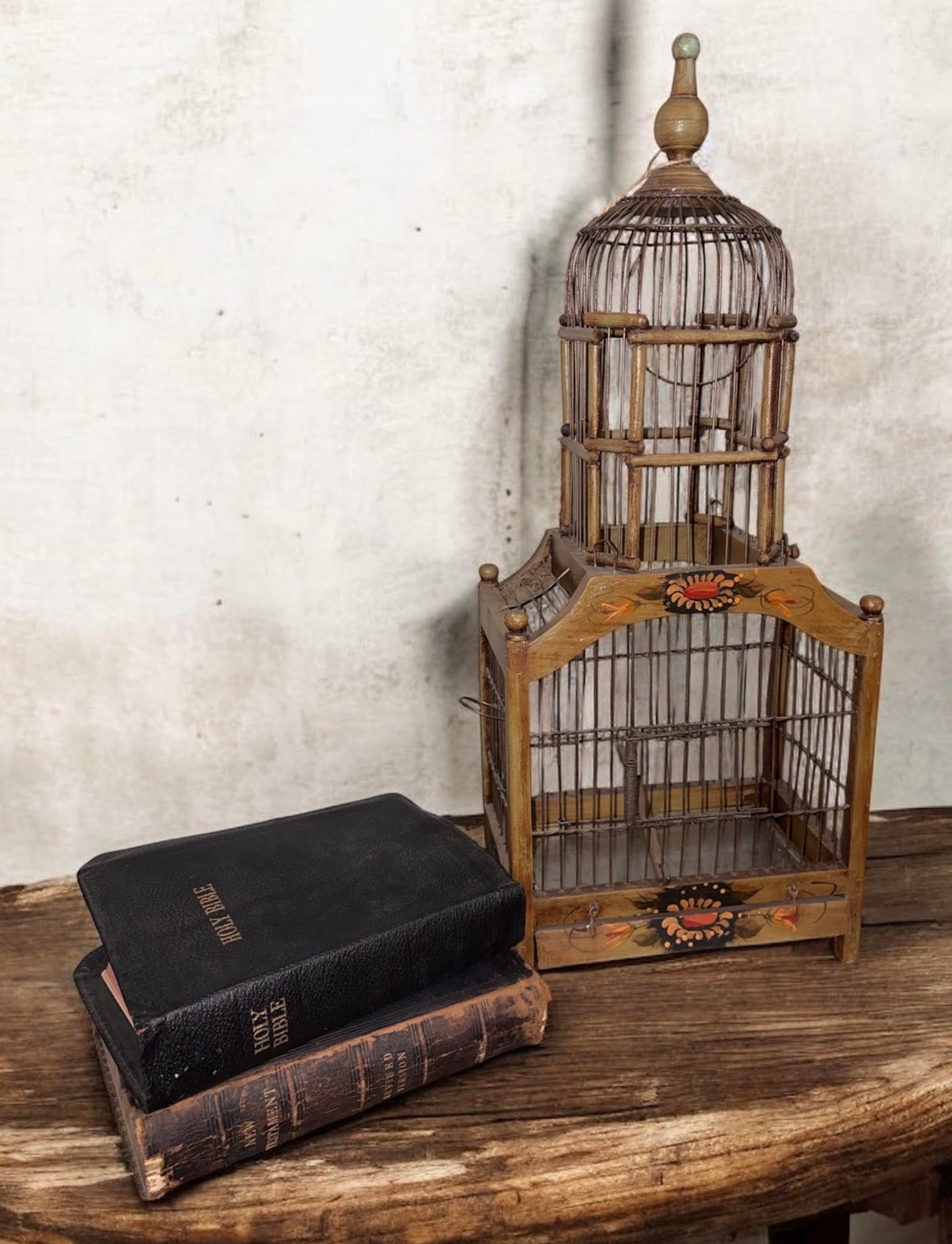 Antique Hand-Painted Wooden Birdcage (c. 1900–1925)