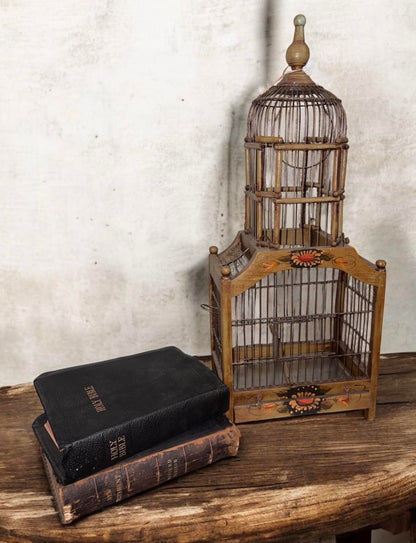 Antique Hand-Painted Wooden Birdcage (c. 1900–1925)
