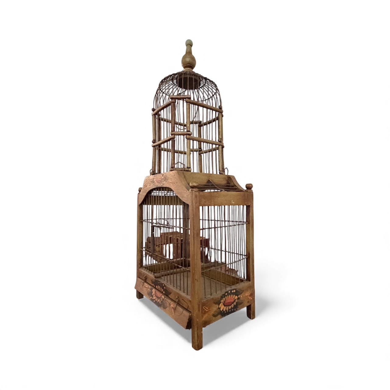 Antique Hand-Painted Wooden Birdcage (c. 1900–1925)
