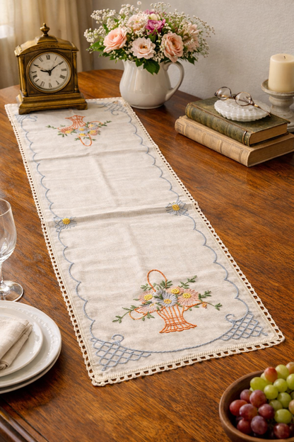 Vintage Hand-Embroidered Linen Table Runner with Floral Basket Motif and Crocheted Lace Edge, c.1930s
