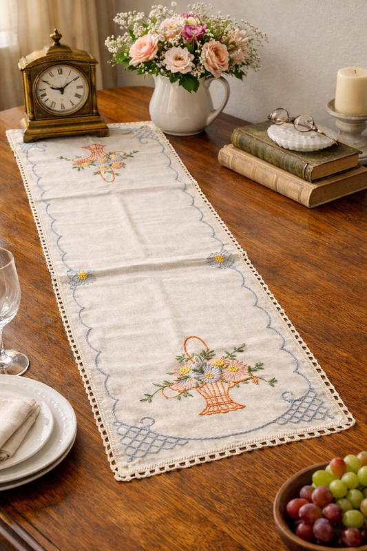 Vintage Hand-Embroidered Linen Table Runner with Floral Basket Motif and Crocheted Lace Edge, c.1930s