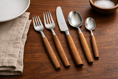 Vintage Dansk Teak Handle Flatware Set with Teak Tray – Mid Century Danish Modern Stainless Steel – 38 Pieces