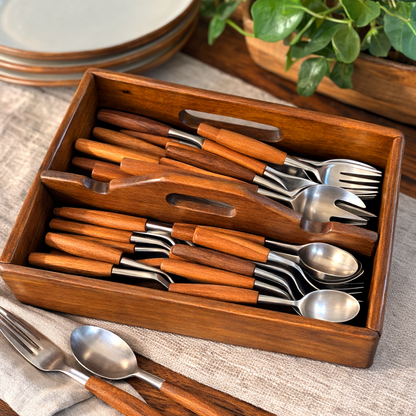 Vintage Dansk Teak Handle Flatware Set with Teak Tray – Mid Century Danish Modern Stainless Steel – 38 Pieces