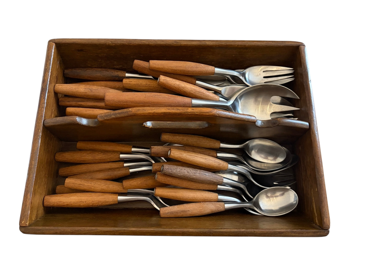 Vintage Dansk Teak Handle Flatware Set with Teak Tray – Mid Century Danish Modern Stainless Steel – 38 Pieces