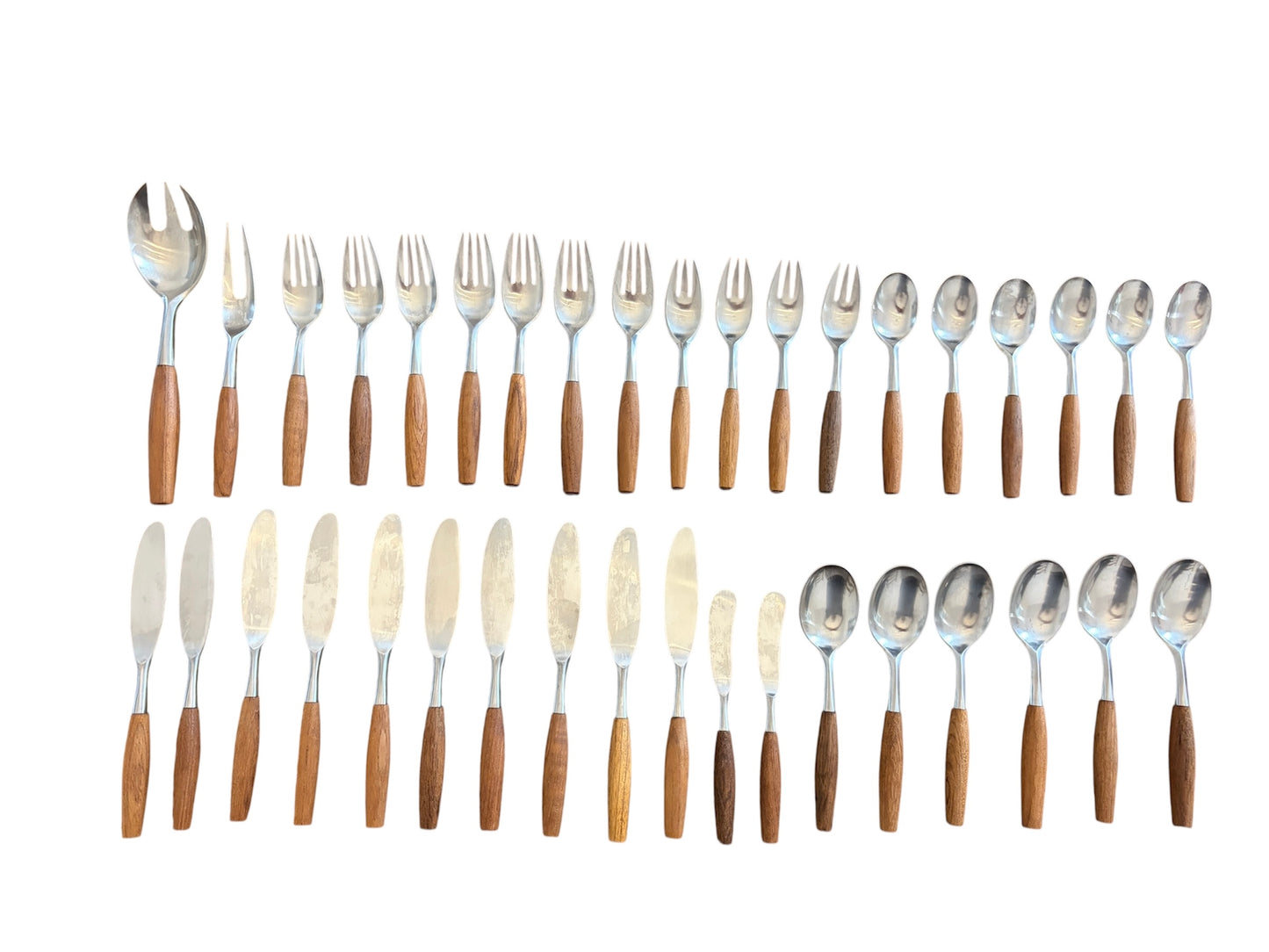 Vintage Dansk Teak Handle Flatware Set with Teak Tray – Mid Century Danish Modern Stainless Steel – 38 Pieces