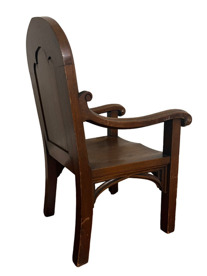 Antique Gothic Revival Vestry Armchair c.1915–1920 | Church Provenance, Solid Wood Cathedral-Arch Chair