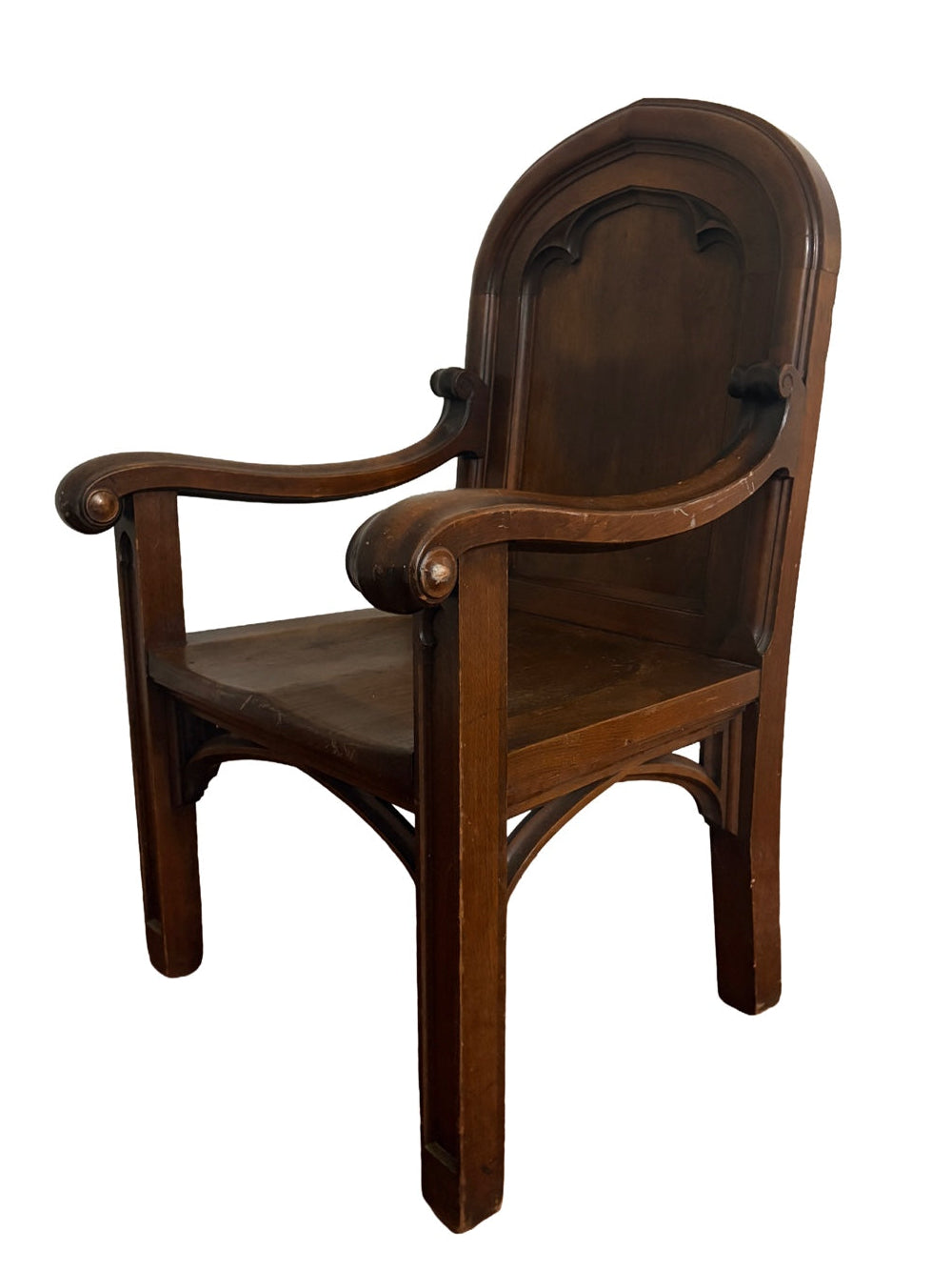 Antique Gothic Revival Vestry Armchair c.1915–1920 | Church Provenance, Solid Wood Cathedral-Arch Chair