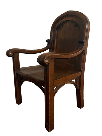 Antique Gothic Revival Vestry Armchair c.1915–1920 | Church Provenance, Solid Wood Cathedral-Arch Chair