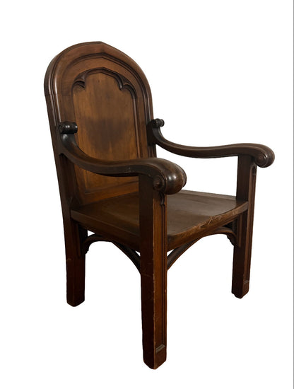 Antique Gothic Revival Vestry Armchair c.1915–1920 | Church Provenance, Solid Wood Cathedral-Arch Chair