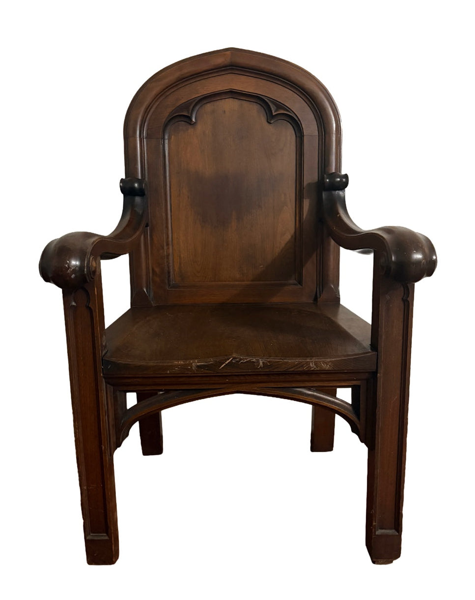 Antique Gothic Revival Vestry Armchair c.1915–1920 | Church Provenance, Solid Wood Cathedral-Arch Chair