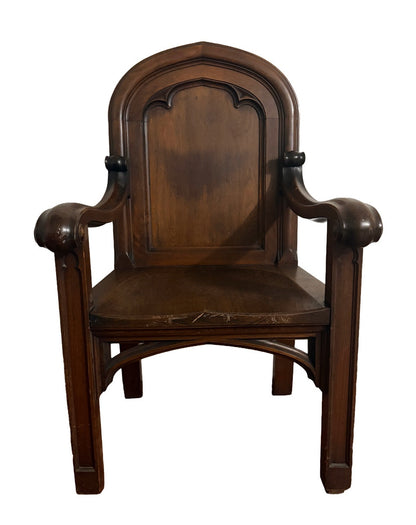 Antique Gothic Revival Vestry Armchair c.1915–1920 | Church Provenance, Solid Wood Cathedral-Arch Chair