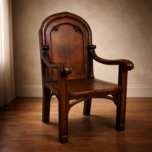 Antique Gothic Revival Vestry Armchair c.1915–1920 | Church Provenance, Solid Wood Cathedral-Arch Chair