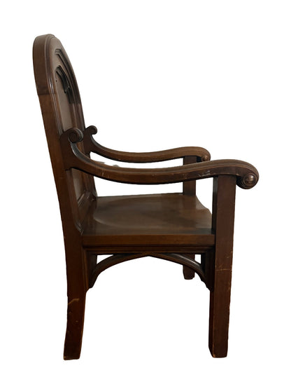 Antique Gothic Revival Vestry Armchair c.1915–1920 | Church Provenance, Solid Wood Cathedral-Arch Chair