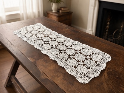 Vintage Hand-Crocheted Lace Table Runner | Handmade Floral Motif Cotton Runner | 13.5” x 38”