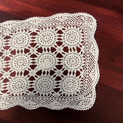 Vintage Hand-Crocheted Lace Table Runner | Handmade Floral Motif Cotton Runner | 13.5” x 38”