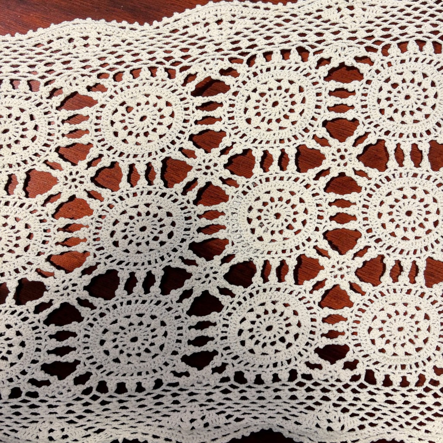 Vintage Hand-Crocheted Lace Table Runner | Handmade Floral Motif Cotton Runner | 13.5” x 38”