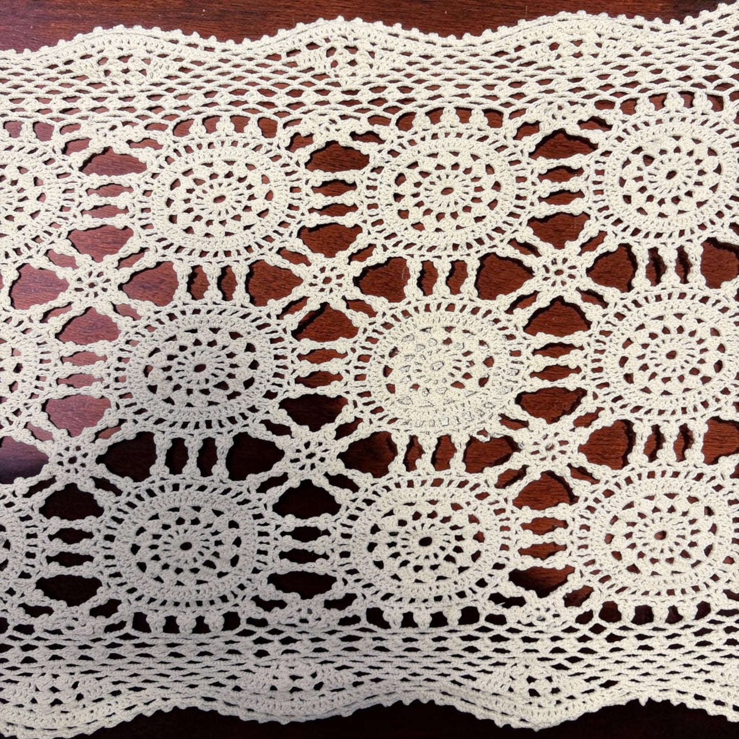 Vintage Hand-Crocheted Lace Table Runner | Handmade Floral Motif Cotton Runner | 13.5” x 38”