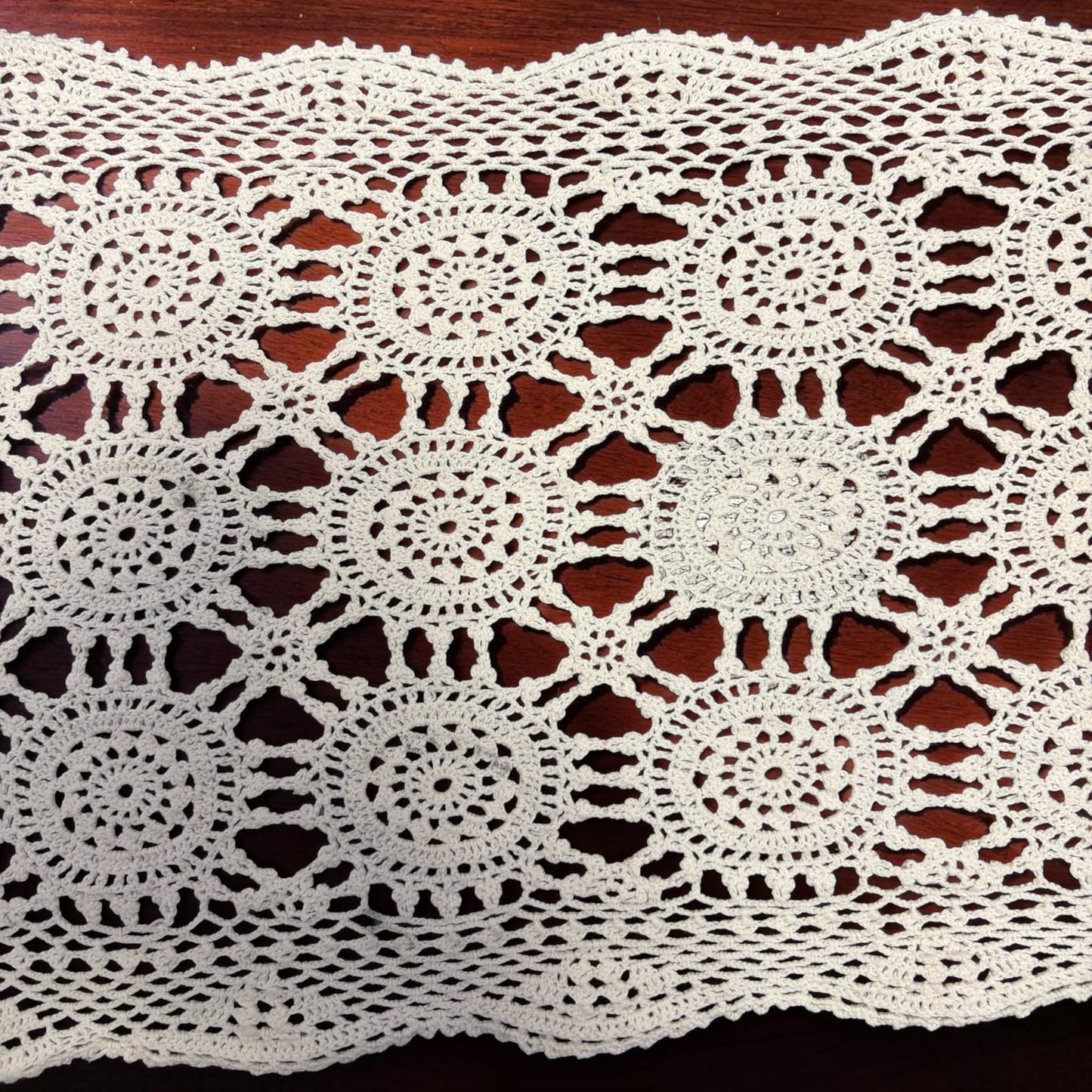 Vintage Hand-Crocheted Lace Table Runner | Handmade Floral Motif Cotton Runner | 13.5” x 38”