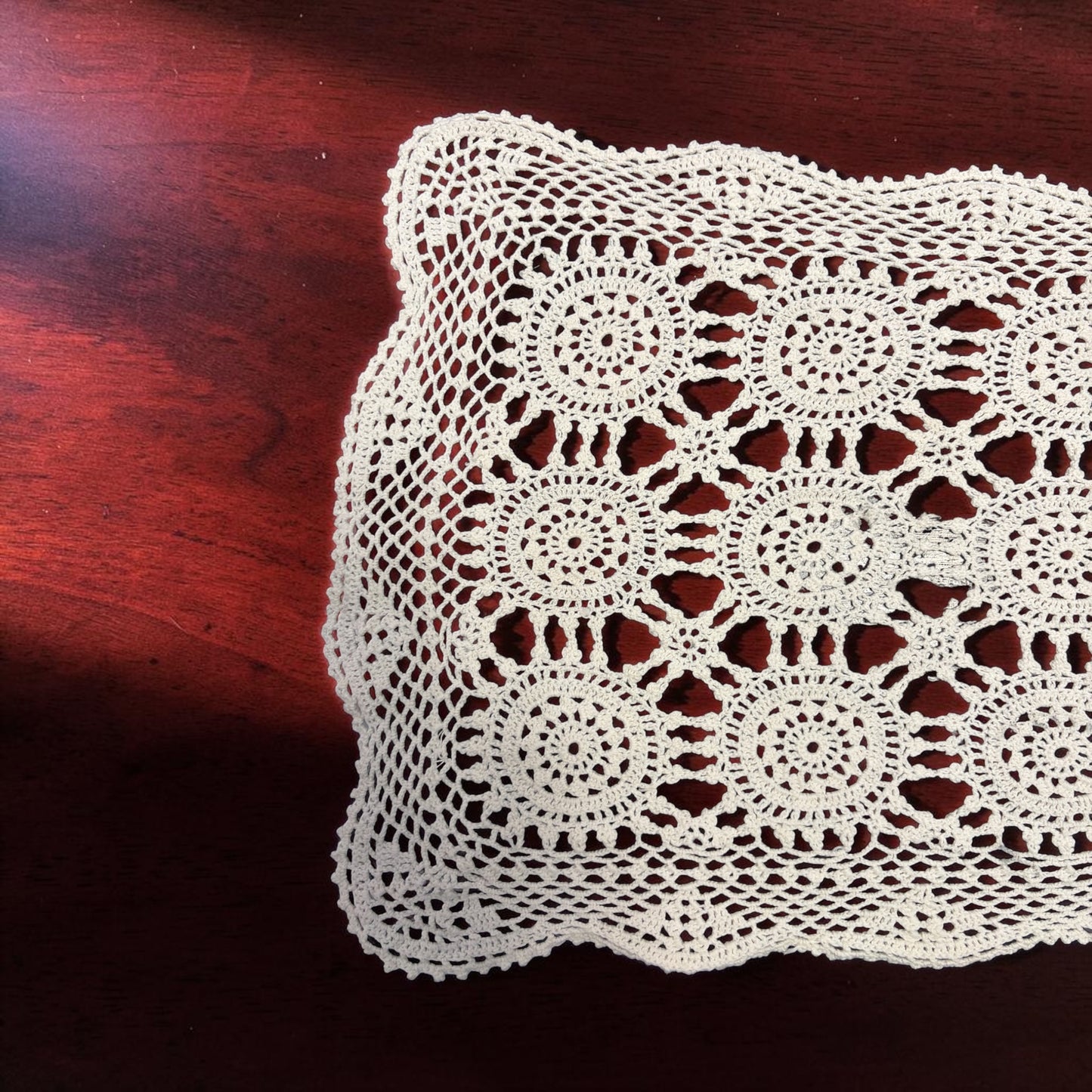 Vintage Hand-Crocheted Lace Table Runner | Handmade Floral Motif Cotton Runner | 13.5” x 38”