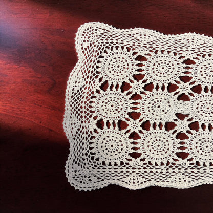Vintage Hand-Crocheted Lace Table Runner | Handmade Floral Motif Cotton Runner | 13.5” x 38”