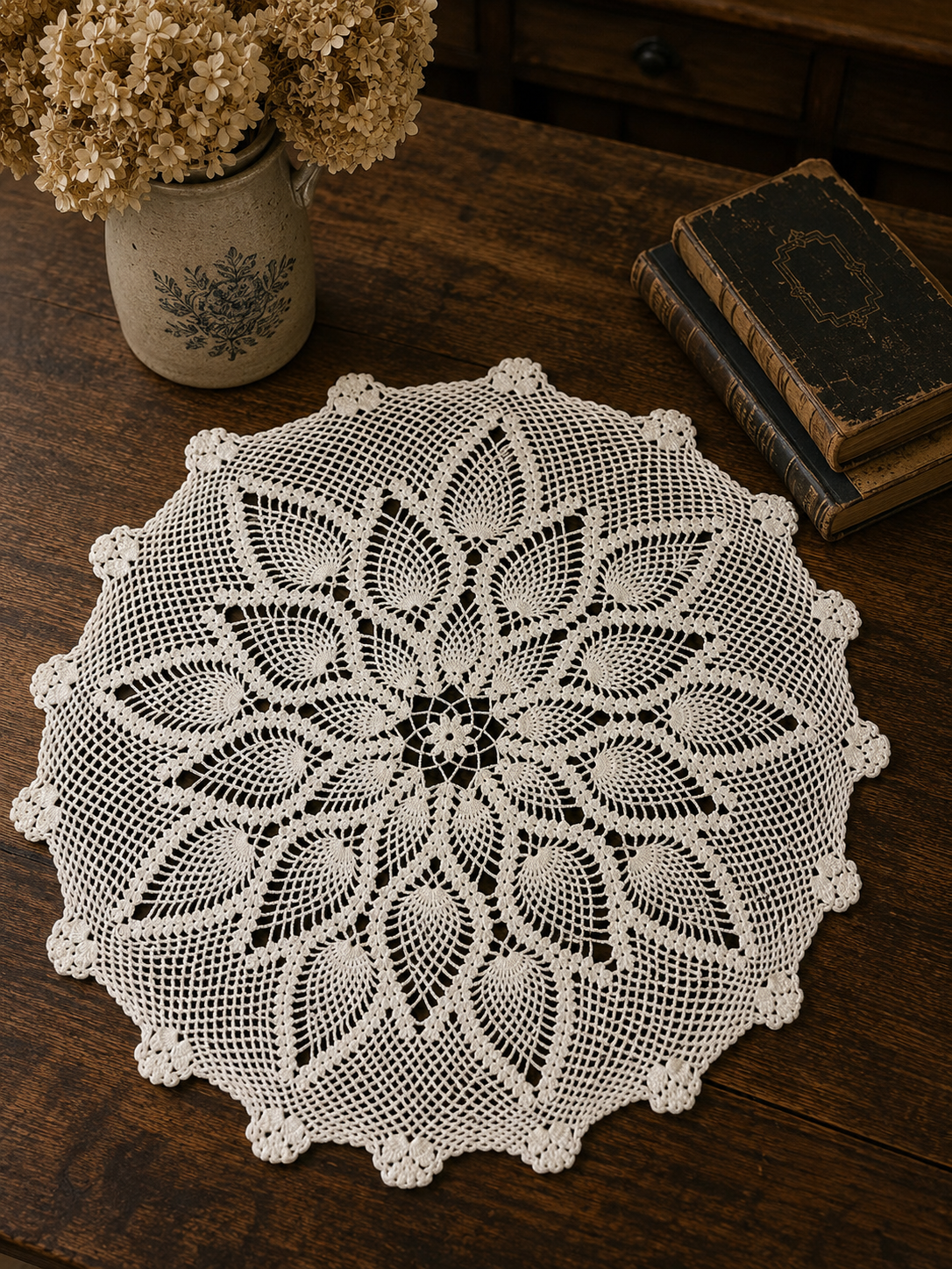 Vintage Hand Crocheted Cotton Doily - Floral Leaf Lace Centerpiece