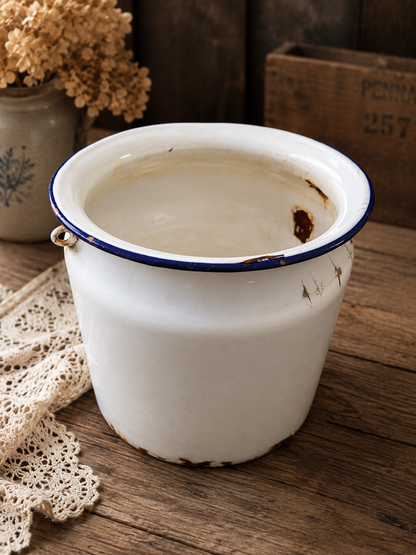 Antique White Enamelware Pot with Blue Rim - Rustic Farmhouse Decor