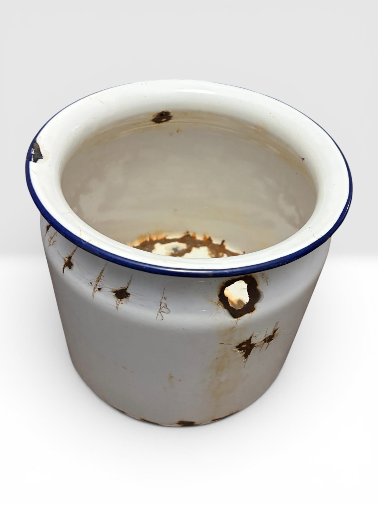 Antique White Enamelware Pot with Blue Rim - Rustic Farmhouse Decor