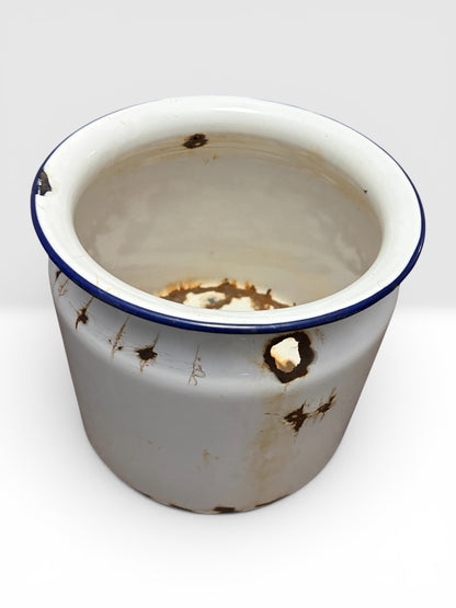 Antique White Enamelware Pot with Blue Rim - Rustic Farmhouse Decor