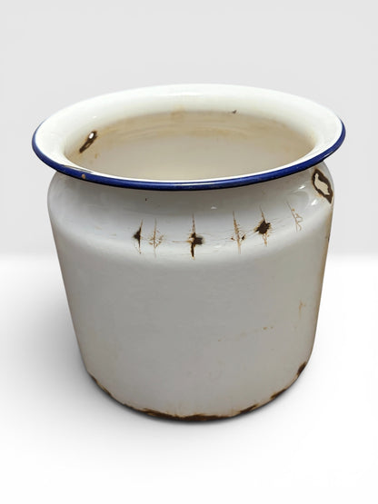 Antique White Enamelware Pot with Blue Rim - Rustic Farmhouse Decor