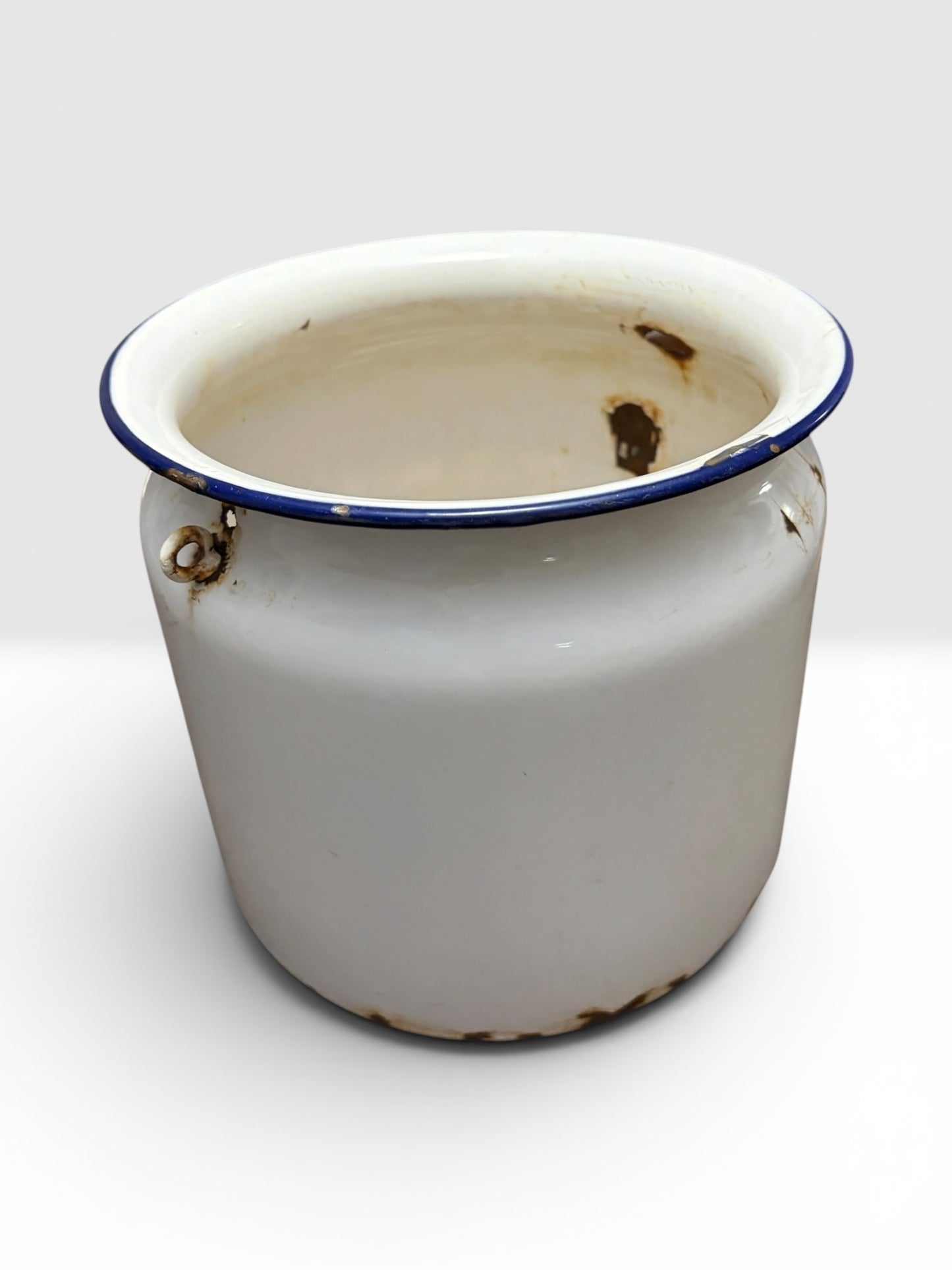 Antique White Enamelware Pot with Blue Rim - Rustic Farmhouse Decor
