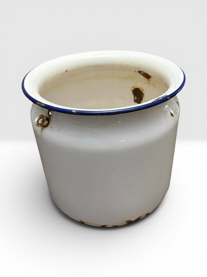 Antique White Enamelware Pot with Blue Rim - Rustic Farmhouse Decor