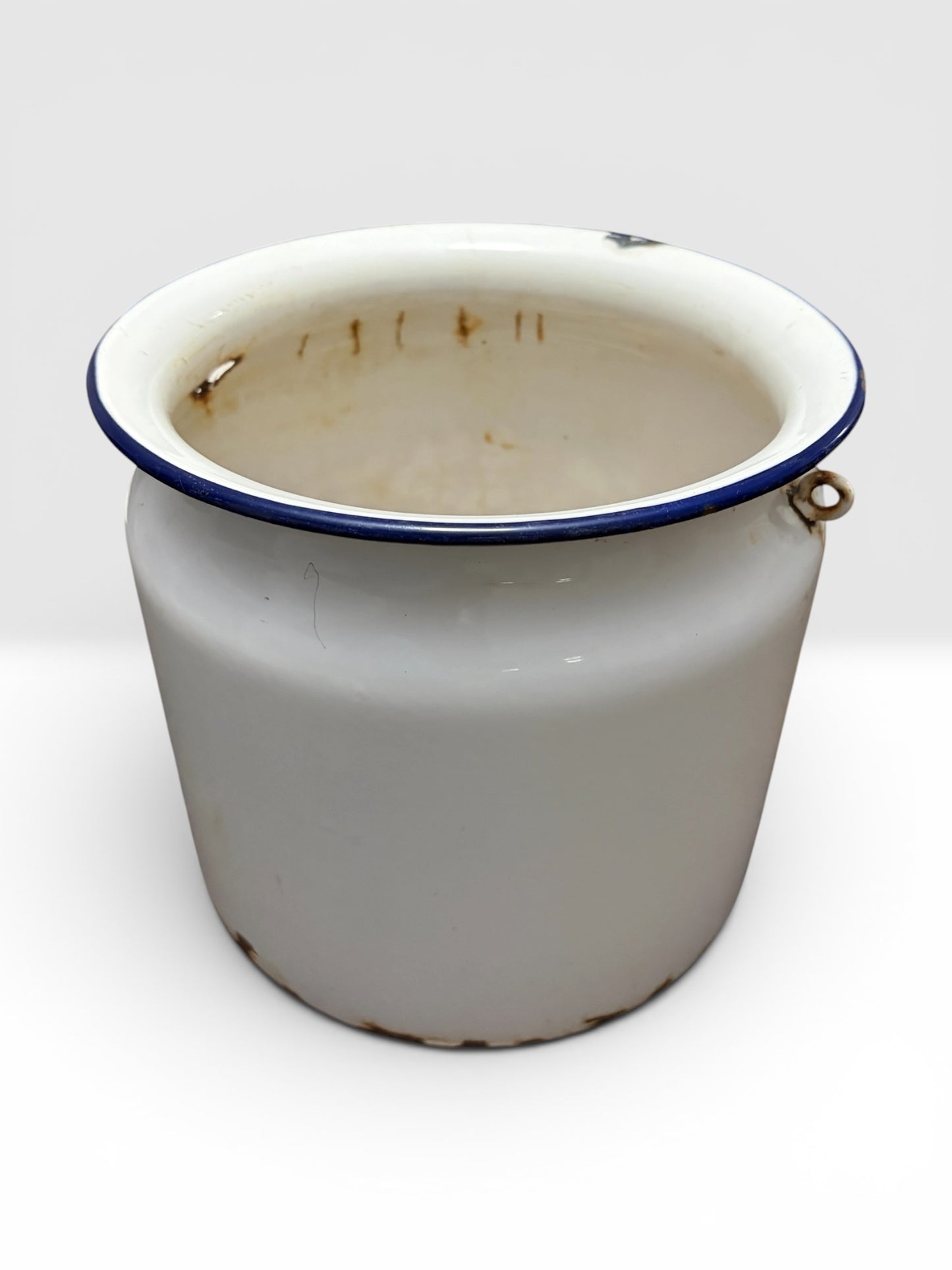 Antique White Enamelware Pot with Blue Rim - Rustic Farmhouse Decor