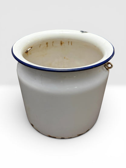 Antique White Enamelware Pot with Blue Rim - Rustic Farmhouse Decor
