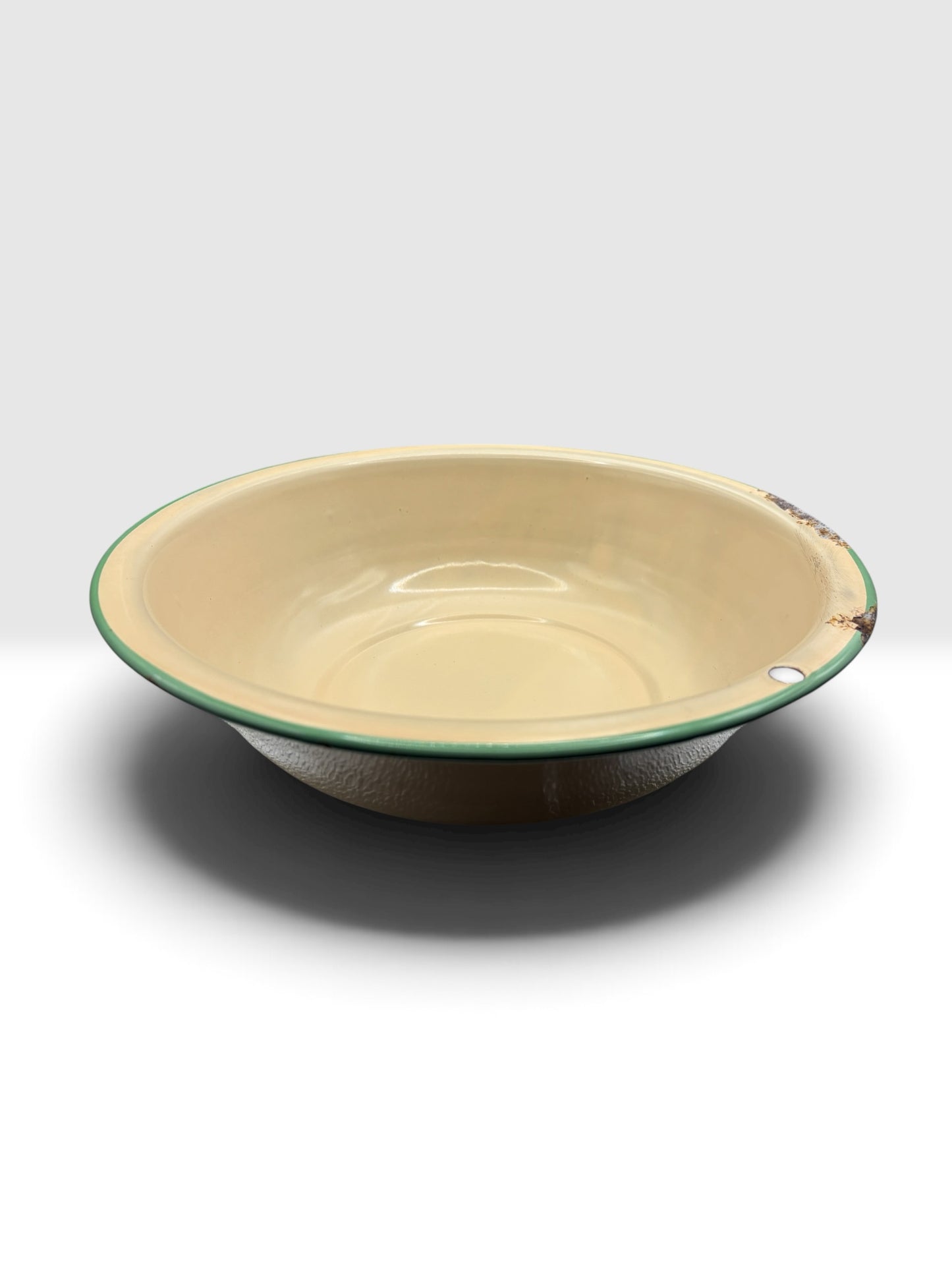 Antique Yellow Enamelware Wash Basin with Green Rim, c. 1920s–1940s