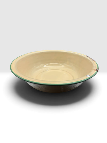 Antique Yellow Enamelware Wash Basin with Green Rim, c. 1920s–1940s