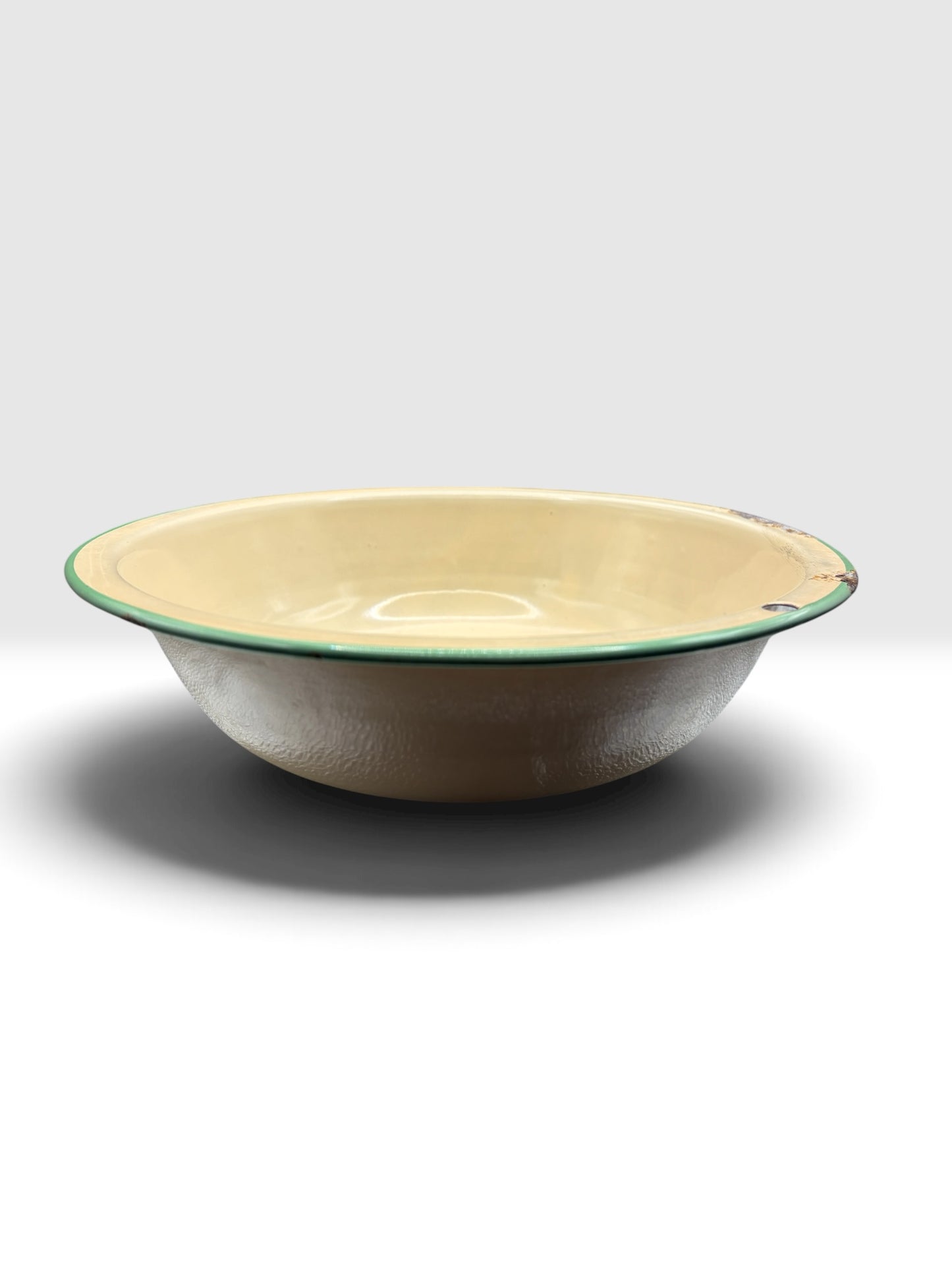 Antique Yellow Enamelware Wash Basin with Green Rim, c. 1920s–1940s