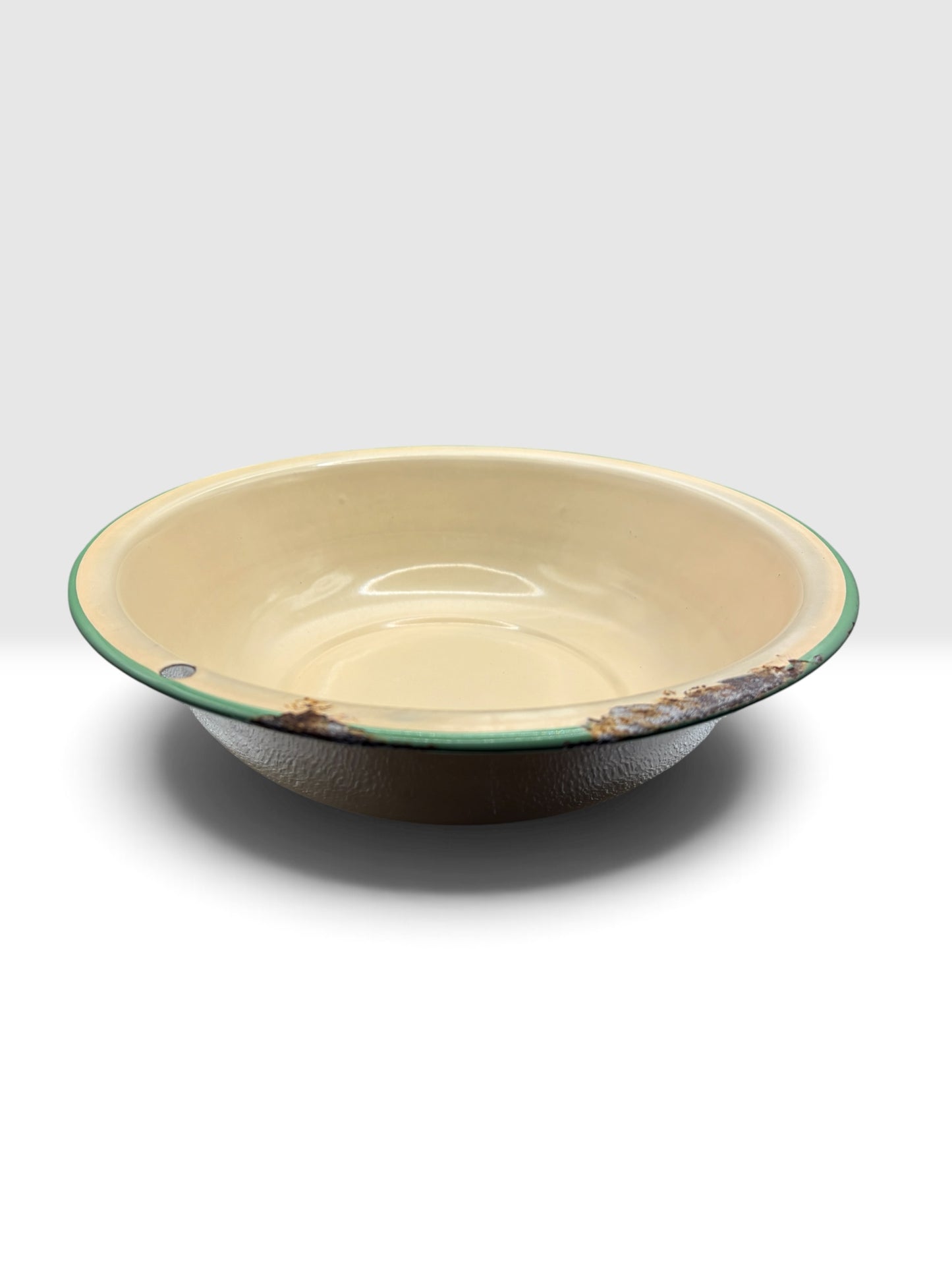 Antique Yellow Enamelware Wash Basin with Green Rim, c. 1920s–1940s