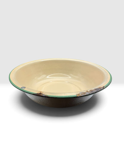 Antique Yellow Enamelware Wash Basin with Green Rim, c. 1920s–1940s