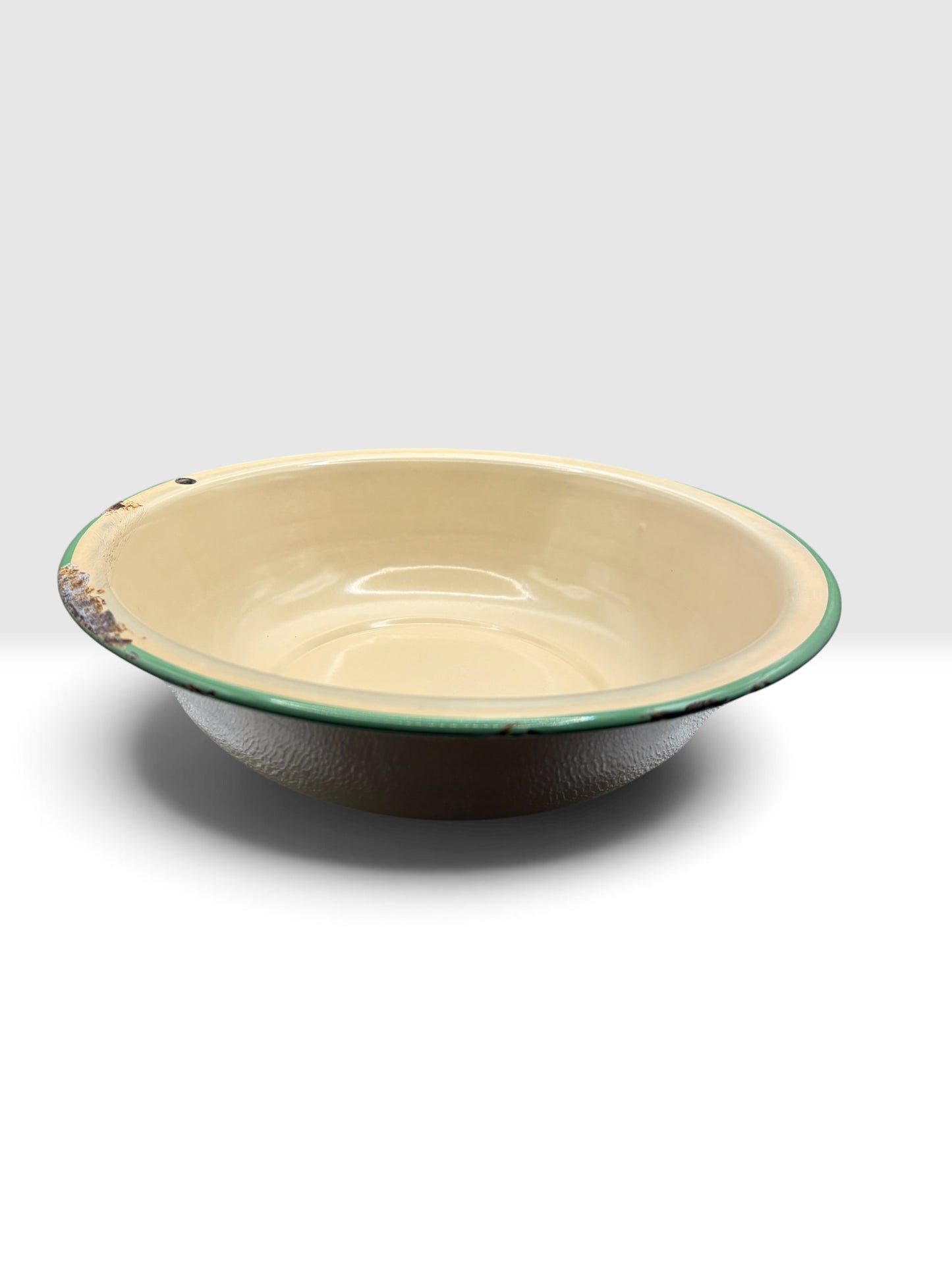 Antique Yellow Enamelware Wash Basin with Green Rim, c. 1920s–1940s