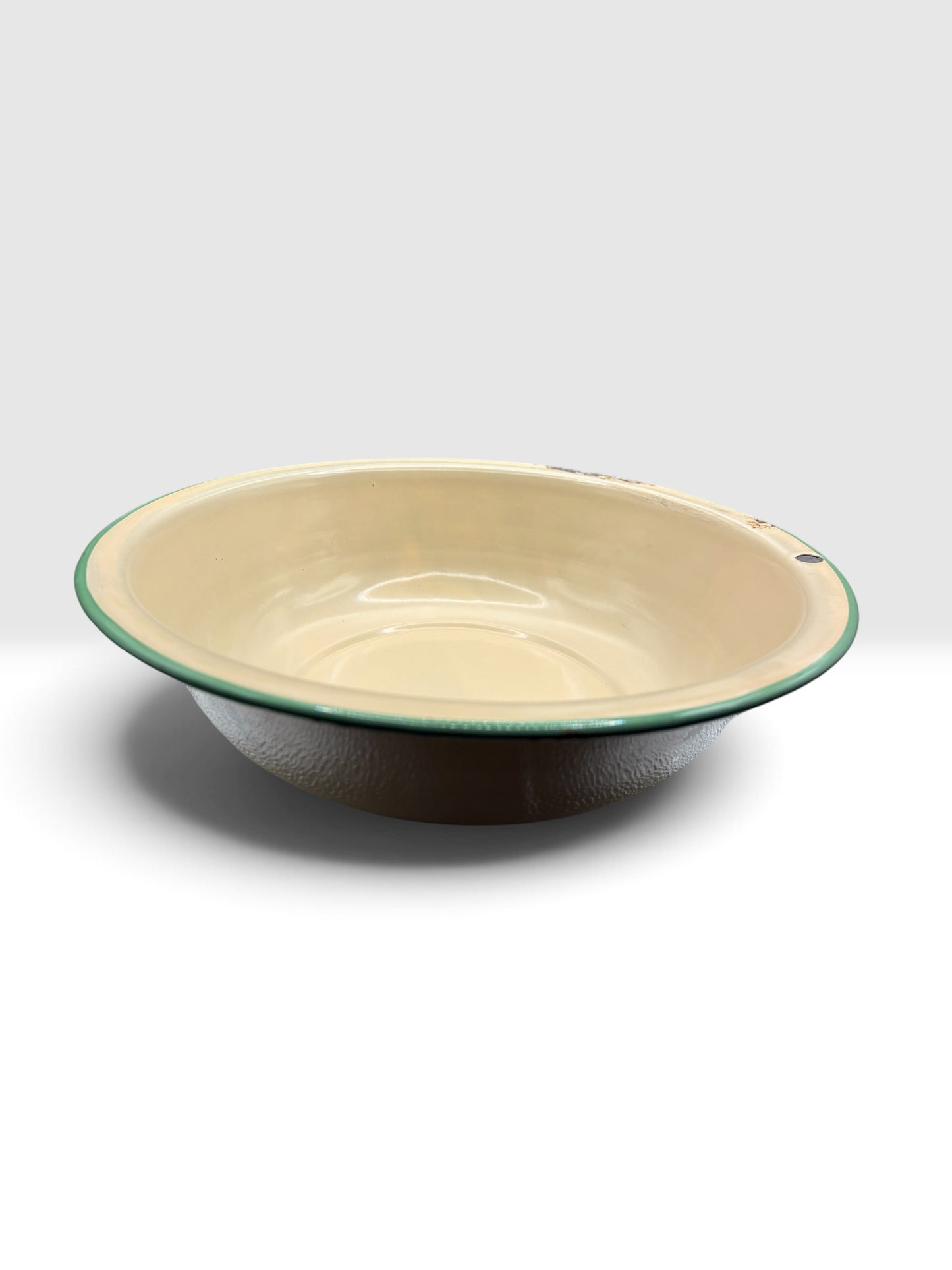 Antique Yellow Enamelware Wash Basin with Green Rim, c. 1920s–1940s