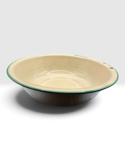 Antique Yellow Enamelware Wash Basin with Green Rim, c. 1920s–1940s