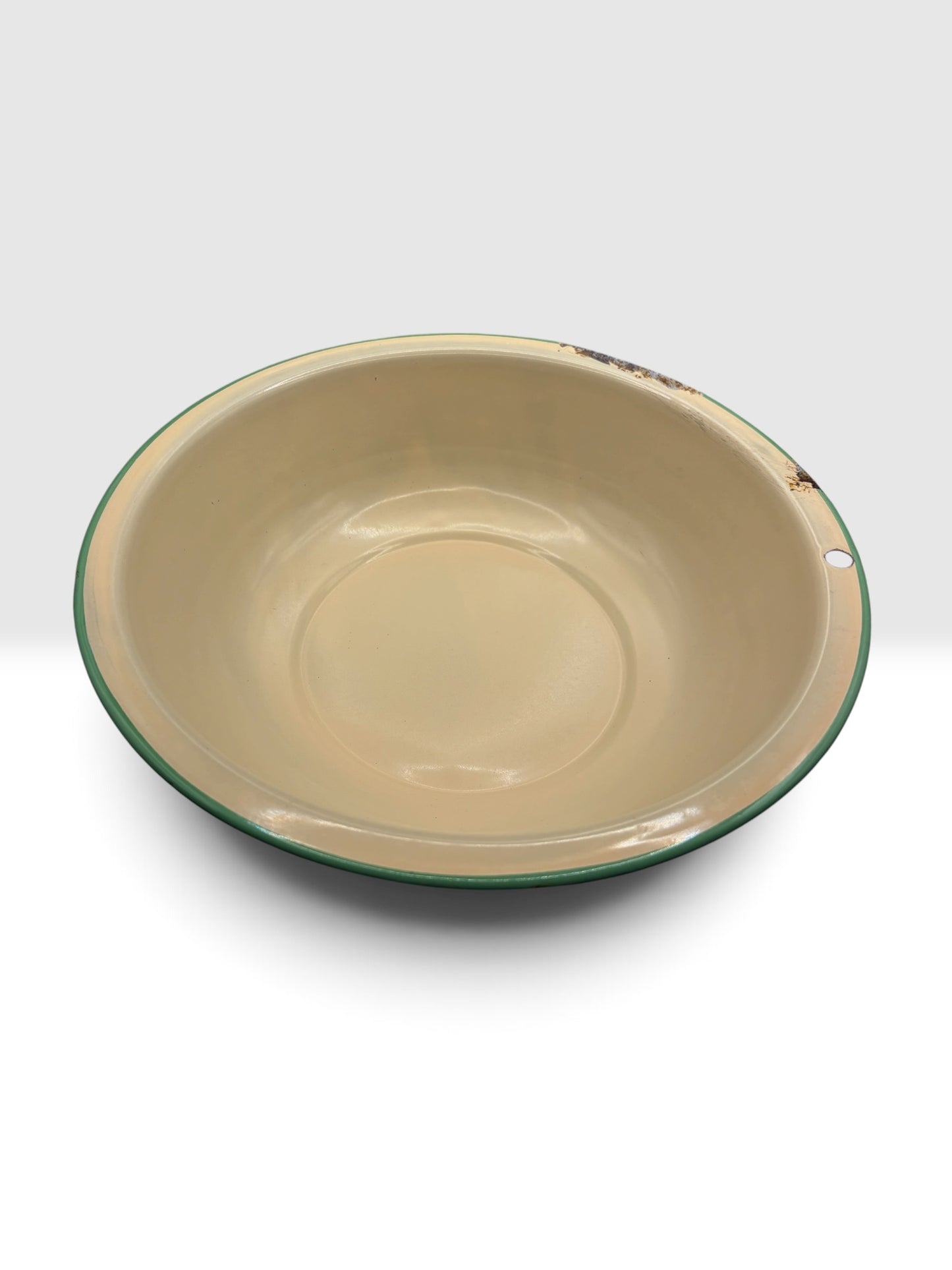 Antique Yellow Enamelware Wash Basin with Green Rim, c. 1920s–1940s